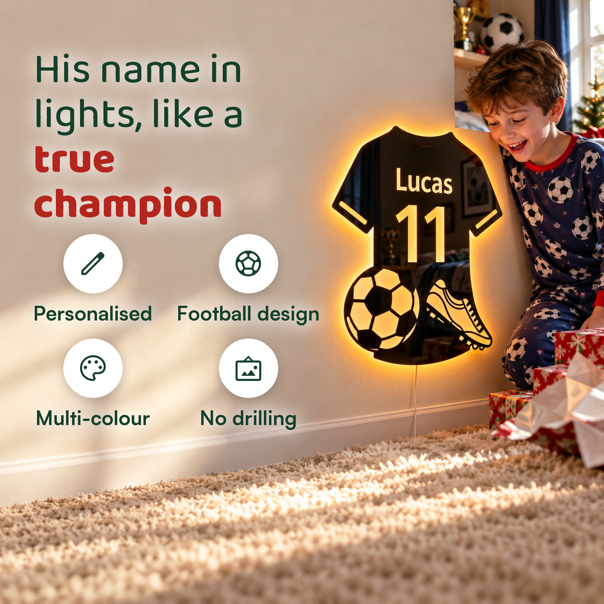 Personalised LED Football Mirror | His name in lights