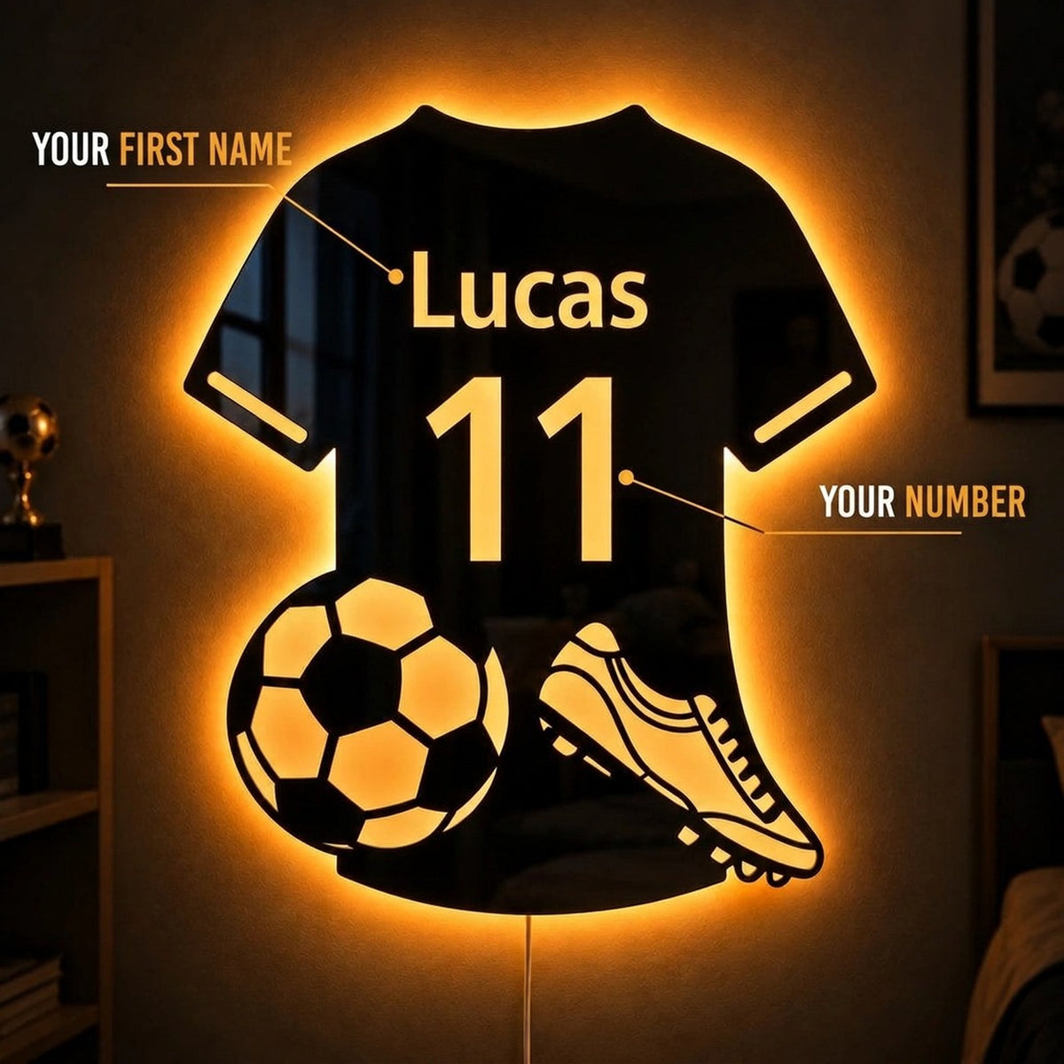 Personalised LED Football Mirror | His name in lights
